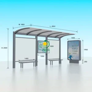 Statii autobuz moderne SB15, structură metalică din aluminiu și oțel, cu dimensiuni complete vizibile și detalii ale băncilor și panourilor.