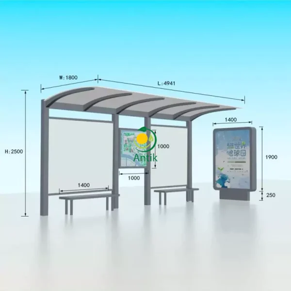 Statii autobuz moderne SB15, structură metalică din aluminiu și oțel, cu dimensiuni complete vizibile și detalii ale băncilor și panourilor.