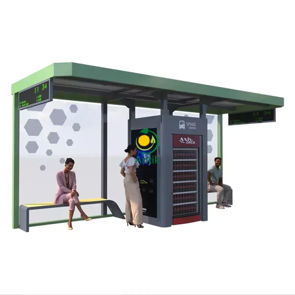 Statii autobuz moderne SB26 cu acoperiș verde și automat de băuturi integrat, vedere laterală